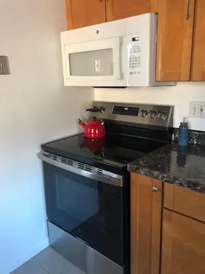 a kitchen with a black stove and a microwave at Comfort house with two bed room in Greenwich