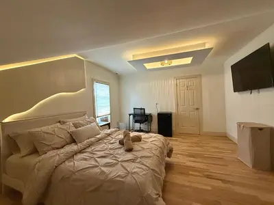 a bedroom with a large bed and a television at Spring Rooms by Yale & Downtown in New Haven