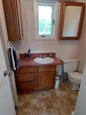 a bathroom with a sink and a toilet and a window at Waterfront Cottage at Highland Lake with Dock in Winsted