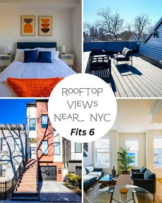a collage of photos of a bedroom and a room at NEW Luxury 3BR Rooftop Easy Access NYC in Jersey City