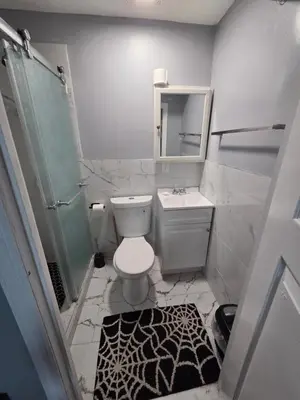 a bathroom with a toilet and a sink and a shower at A newly renovated room with private toilet & bathroom in a 3 bedroom apartment on the ground floor in Irvington
