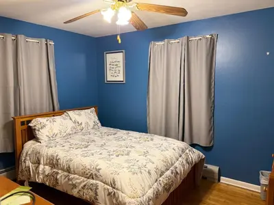 a bedroom with a bed with blue walls and a ceiling fan at Stratford Getaway in Stratford