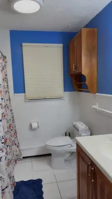 a bathroom with a toilet and a blue wall at Stratford Getaway in Stratford