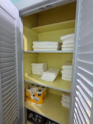 a closet with white towels and a pile of plates at cozy 5bd single -family home in Longmeadow in Longmeadow