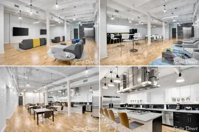 a collage of four pictures of a room at Pratt St Brand New Studio Loft Elevator Building in Hartford