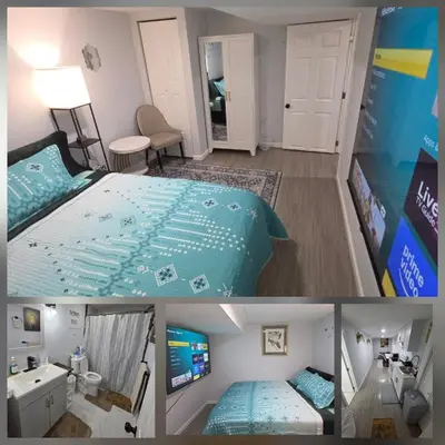 two pictures of a bedroom with a bed and a bathroom at Private Executive Suite in Waterbury