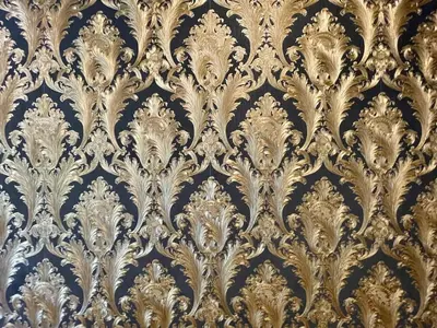 an ornate gold and blue wallpaper with a floral pattern at Bright 2-Story Brooklyn Oasis w Patio & Fire Pit in Brooklyn