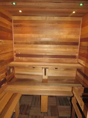 an empty sauna with wooden walls and floors at Lake 'N Pines Motel in Cooperstown