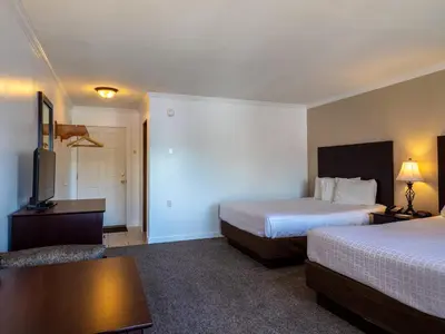a hotel room with two beds and a flat screen tv at Lake 'N Pines Motel in Cooperstown