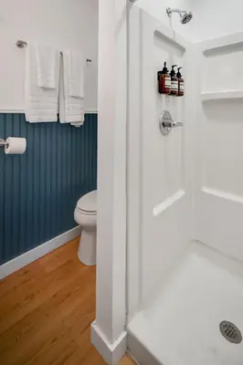 a bathroom with a shower with a toilet and towels at Birches Motel in Saratoga Springs