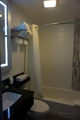 a bathroom with a shower and a toilet and a sink at Umbrella Hotel Bronx in Bronx