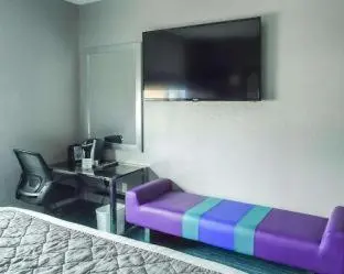 a bedroom with a purple couch and a tv at Umbrella Hotel Bronx in Bronx