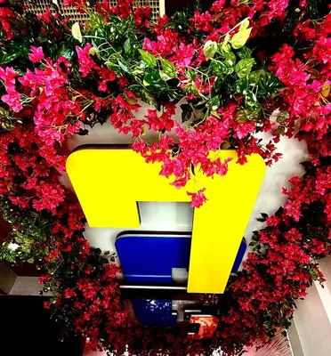 a yellow vase filled with flowers on a wall at Umbrella Hotel Bronx in Bronx