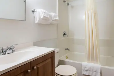 a bathroom with a sink and a toilet and a shower at Knights Inn Amsterdam in Amsterdam