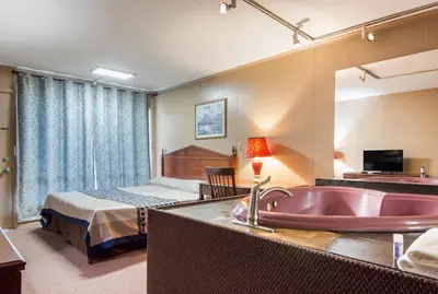 a hotel room with a bed and a sink at Knights Inn Amsterdam in Amsterdam