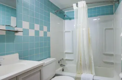 a bathroom with a white toilet and a shower at Knights Inn Amsterdam in Amsterdam