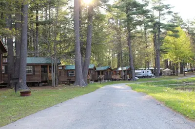 a road leading to a group of cabins in the woods at Alpine Lake Lakefront Cabin 5 in South Corinth