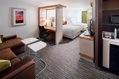 a hotel room with a bed and a desk at SpringHill Suites by Marriott Carle Place Garden City in Carle Place