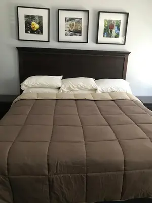 a bed in a bedroom with three pictures on the wall at The Sunview Motel in Tannersville