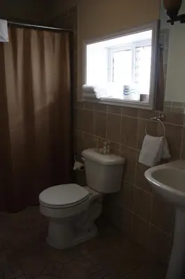 a bathroom with a toilet and a sink and a window at The Sunview Motel in Tannersville