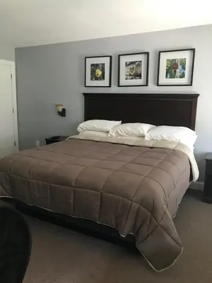 a bedroom with a large bed with three pictures on the wall at The Sunview Motel in Tannersville