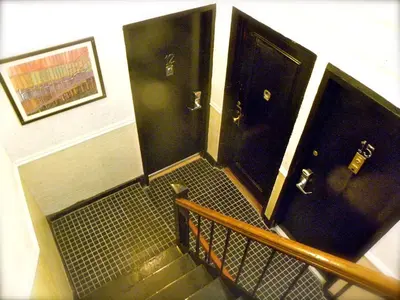 an overhead view of a staircase with two doors at Hotel 309 in New York