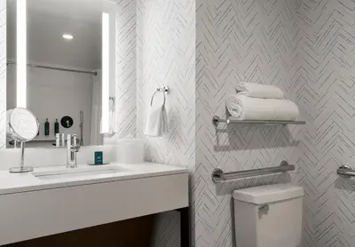 a bathroom with a sink and a toilet and a mirror at DoubleTree by Hilton Hartford Downtown in Hartford