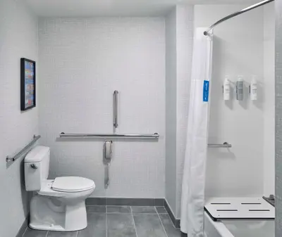 a bathroom with a toilet and a shower at Hampton Inn & Suites Saratoga Springs Downtown in Saratoga Springs