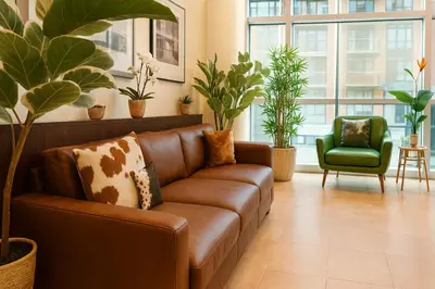 a brown couch in a living room with plants at LIC Manhattan View Hotel in Queens