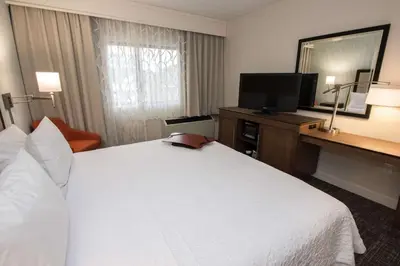 a hotel room with a large white bed and a television at Hampton Inn Albany-Western Ave/University Area, NY in Albany