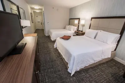 a hotel room with two beds and a flat screen tv at Hampton Inn Albany-Western Ave/University Area, NY in Albany