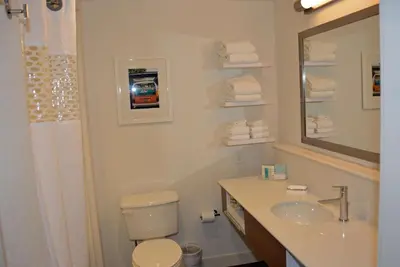 a bathroom with a sink and a toilet and a mirror at Hampton Inn Albany-Western Ave/University Area, NY in Albany