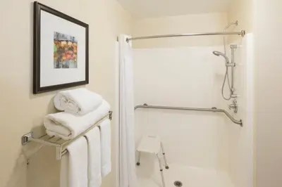 a bathroom with a shower and white towels at Holiday Inn Express & Suites East Greenbush Albany-Skyline by IHG in Rensselaer