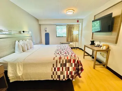 a hotel room with a bed and a desk at Red Roof Inn Milford - New Haven in Milford
