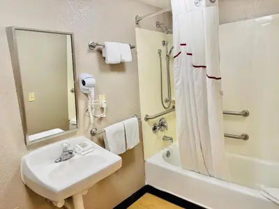 a bathroom with a sink and a mirror and a tub at Red Roof Inn Milford - New Haven in Milford