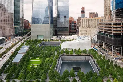 an aerial view of a city with tall buildings at World Center Hotel in New York