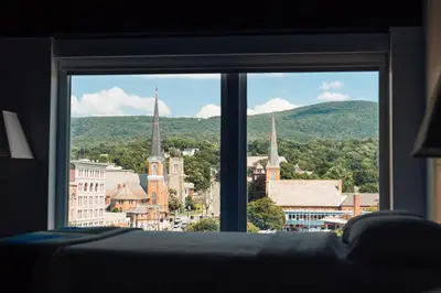 a view of a city from a window at Hotel Downstreet, an Ascend Collection Hotel in North Adams