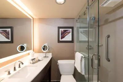 a bathroom with a shower and a toilet and a sink at DoubleTree by Hilton Schenectady in Schenectady