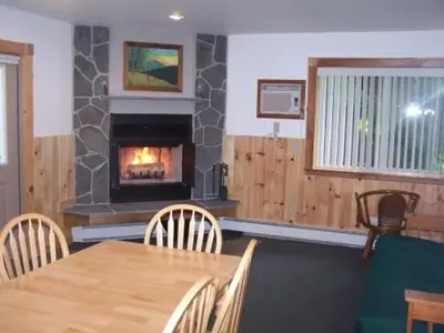 a dining room with a table and a fireplace at Slide Mountain Forest House in Oliverea
