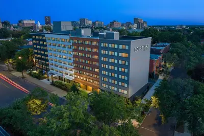 an overhead view of a building with a city in the background at Courtyard New Haven at Yale in New Haven