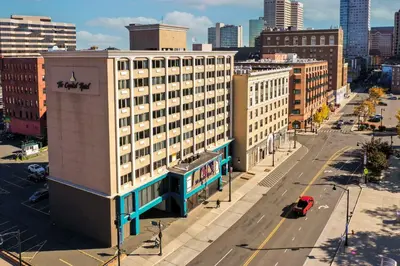 an aerial view of a city street with buildings at The Capitol Hotel in Hartford