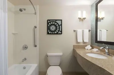 a bathroom with a toilet and a sink and a mirror at Hilton Garden Inn Troy in Troy
