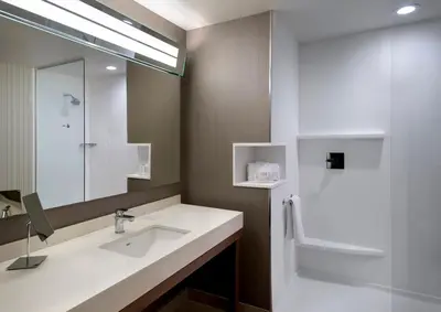 a bathroom with a white sink and a shower at Courtyard by Marriott Schenectady at Mohawk Harbor in Schenectady