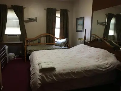 a bedroom with a large bed and two windows at Beauty Near Times Square in New York