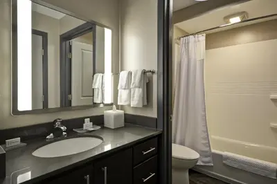 a bathroom with a sink and a toilet and a mirror at TownePlace Suites by Marriott Dover Rockaway in Dover