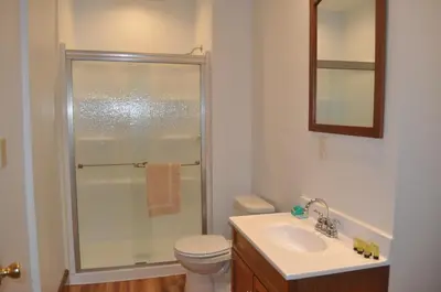 a bathroom with a shower and a toilet and a sink at Lakewood Lodge & Restaurant in Lakewood