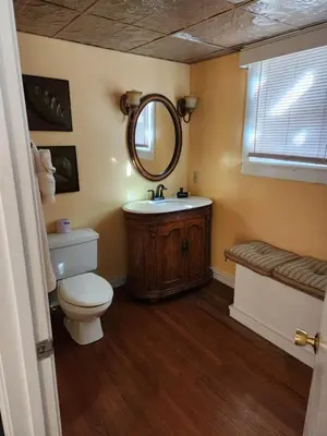 a bathroom with a toilet and a sink and a mirror at Arlington Inn & Spa in Arlington