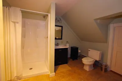 a bathroom with a shower and a toilet at The Wilmington Inn in Wilmington