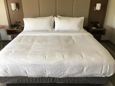 a large white bed in a hotel room at Holiday Inn Express Queensbury-Lake George Area by IHG in Queensbury