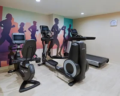 a gym with exercise bikes and a wall with a mural at Hyatt Place Long Island City in Queens